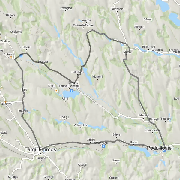 Map miniature of "Târgu Frumos - Belcești - Focuri - Erbiceni - Podu Iloaiei - Bălțați Grand Circuit" cycling inspiration in Nord-Est, Romania. Generated by Tarmacs.app cycling route planner