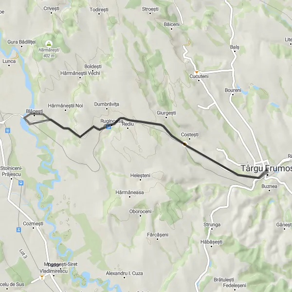 Map miniature of "Târgu Frumos - Ruginoasa - Blăgești - Costești Classic Loop" cycling inspiration in Nord-Est, Romania. Generated by Tarmacs.app cycling route planner