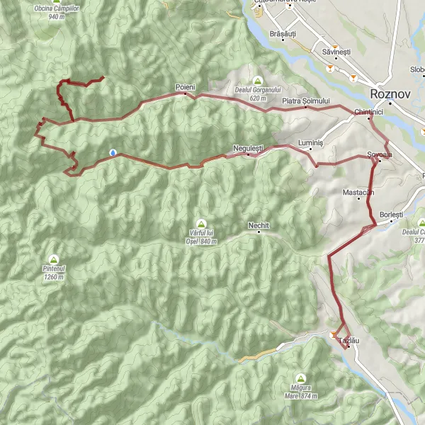 Map miniature of "Gravel Adventure to Natural Beauty" cycling inspiration in Nord-Est, Romania. Generated by Tarmacs.app cycling route planner