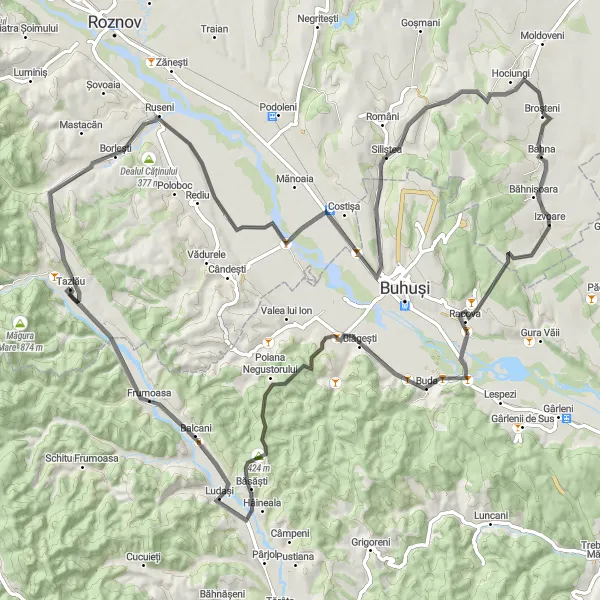 Map miniature of "The Panoramic Adventure" cycling inspiration in Nord-Est, Romania. Generated by Tarmacs.app cycling route planner