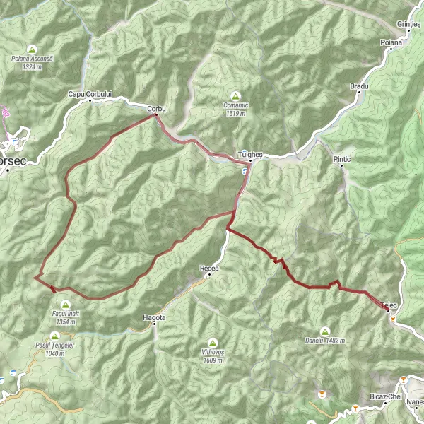 Map miniature of "The Peaks of Telec" cycling inspiration in Nord-Est, Romania. Generated by Tarmacs.app cycling route planner