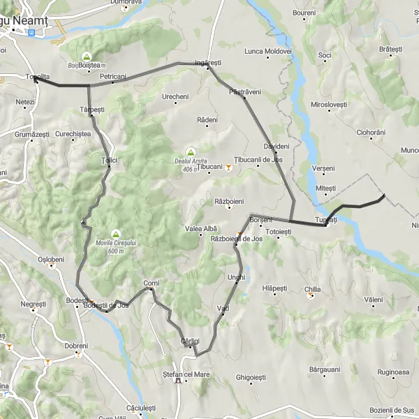 Map miniature of "Topolița - Tupilați - Bodeștii de Jos - Dealul Roților" cycling inspiration in Nord-Est, Romania. Generated by Tarmacs.app cycling route planner