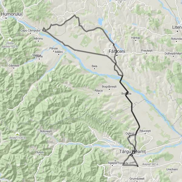 Map miniature of "Topolița - Targu Neamt - Târzia - Cornu Luncii - Lucăcești - Fălticeni - Praxia" cycling inspiration in Nord-Est, Romania. Generated by Tarmacs.app cycling route planner
