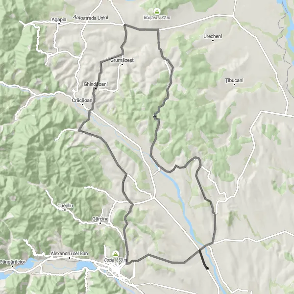 Map miniature of "Topolița - Dealul Holmul Mare - Hanul de la Șerbești - Boțești - Balaurul - Dealul Groapa Mare - Ghindăoani - Topolița" cycling inspiration in Nord-Est, Romania. Generated by Tarmacs.app cycling route planner