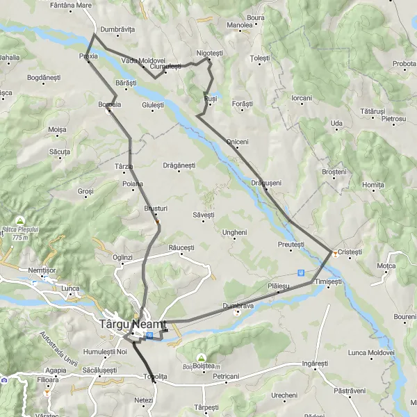 Map miniature of "Topolița - Targu Neamt - Praxia - Drăgușeni - Vadu Moldovei" cycling inspiration in Nord-Est, Romania. Generated by Tarmacs.app cycling route planner