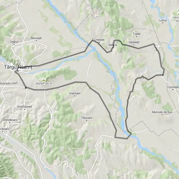 Map miniature of "Topolita - Targu Neamt - Motca - Stolniceni-Prăjescu - Tupilați Round-Trip" cycling inspiration in Nord-Est, Romania. Generated by Tarmacs.app cycling route planner