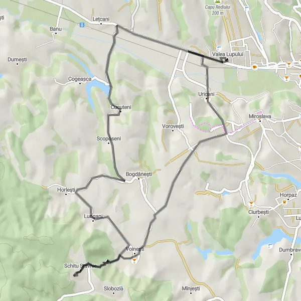 Map miniature of "Road Cycling Tour of Valea Lupului" cycling inspiration in Nord-Est, Romania. Generated by Tarmacs.app cycling route planner