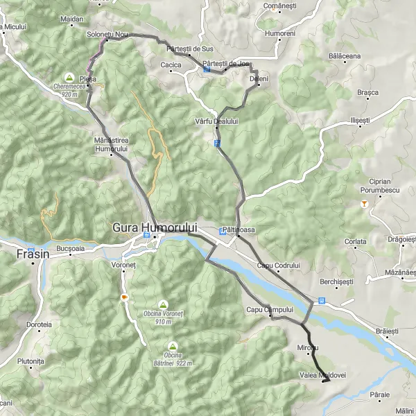 Map miniature of "Valea Moldovei Loop" cycling inspiration in Nord-Est, Romania. Generated by Tarmacs.app cycling route planner