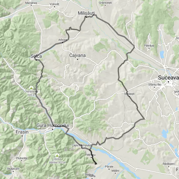 Map miniature of "The Carpathian Circuit" cycling inspiration in Nord-Est, Romania. Generated by Tarmacs.app cycling route planner