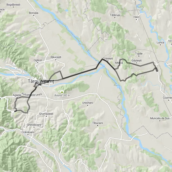 Map miniature of "Targu Neamt & Boureni Circular Cycling Route" cycling inspiration in Nord-Est, Romania. Generated by Tarmacs.app cycling route planner