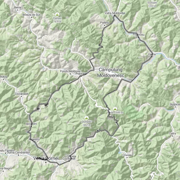 Map miniature of "Vama - Strâmtura - Vama" cycling inspiration in Nord-Est, Romania. Generated by Tarmacs.app cycling route planner