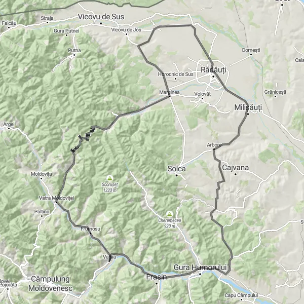 Map miniature of "The Hidden Gems of Bucovina" cycling inspiration in Nord-Est, Romania. Generated by Tarmacs.app cycling route planner