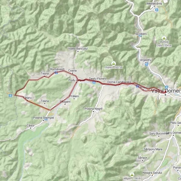 Map miniature of "Dorna Candrenilor Gravel Ride" cycling inspiration in Nord-Est, Romania. Generated by Tarmacs.app cycling route planner