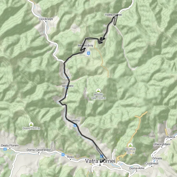 Map miniature of "Picturesque Valleys and Mountain Passes" cycling inspiration in Nord-Est, Romania. Generated by Tarmacs.app cycling route planner