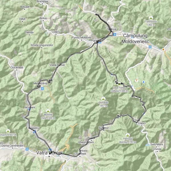 Map miniature of "Exploring the Bucovina Countryside" cycling inspiration in Nord-Est, Romania. Generated by Tarmacs.app cycling route planner