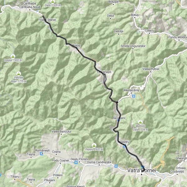 Map miniature of "Hidden Gems of Vatra Dornei" cycling inspiration in Nord-Est, Romania. Generated by Tarmacs.app cycling route planner