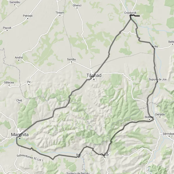 Map miniature of "Bihor Road Loop" cycling inspiration in Nord-Vest, Romania. Generated by Tarmacs.app cycling route planner