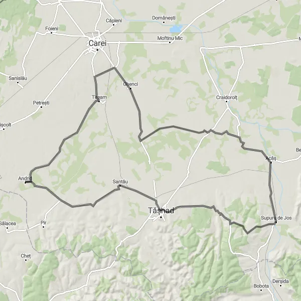 Map miniature of "Andrid- Căuaș- Acâș- Supuru de Jos- Tasnad" cycling inspiration in Nord-Vest, Romania. Generated by Tarmacs.app cycling route planner
