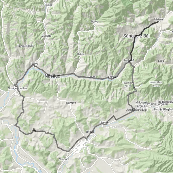 Map miniature of "Maieru to Feldru Loop" cycling inspiration in Nord-Vest, Romania. Generated by Tarmacs.app cycling route planner