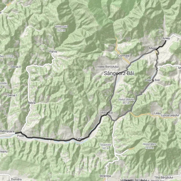 Map miniature of "Anieș to Sângeorz-Băi Loop" cycling inspiration in Nord-Vest, Romania. Generated by Tarmacs.app cycling route planner