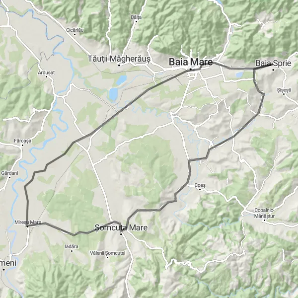 Map miniature of "Baia Mare Exploration Road Cycling Route" cycling inspiration in Nord-Vest, Romania. Generated by Tarmacs.app cycling route planner