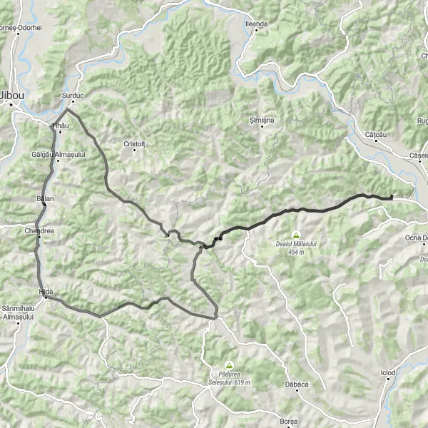 Map miniature of "Bălan - Pustuța - Maia - Căprioara - Voivodeni - Hida - Chendrea - Bălan" cycling inspiration in Nord-Vest, Romania. Generated by Tarmacs.app cycling route planner