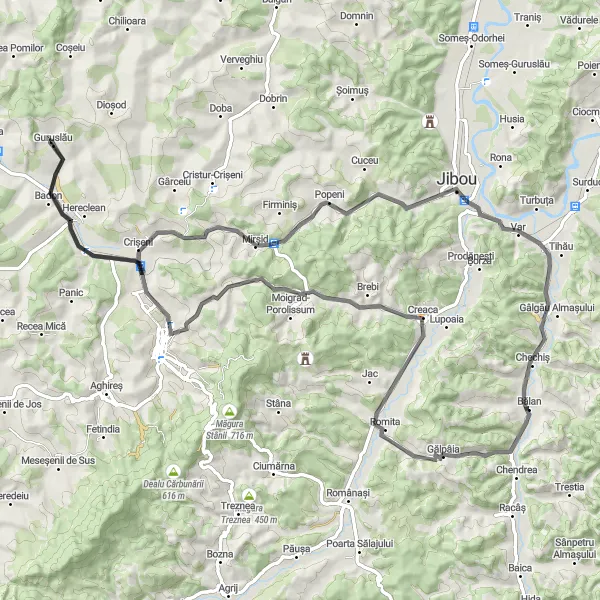 Map miniature of "Bălan - Gălpâia - Creaca - Măgurița - Guruslău - Var - Chechiș - Bălan" cycling inspiration in Nord-Vest, Romania. Generated by Tarmacs.app cycling route planner