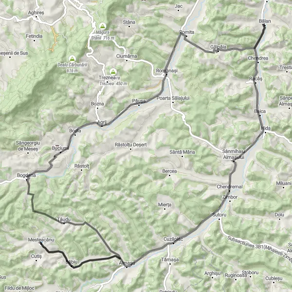 Map miniature of "Bălan - Sânmihaiu Almașului - Cuzăplac - Mesteacănu - Păușa - Chichișa - Bălan" cycling inspiration in Nord-Vest, Romania. Generated by Tarmacs.app cycling route planner