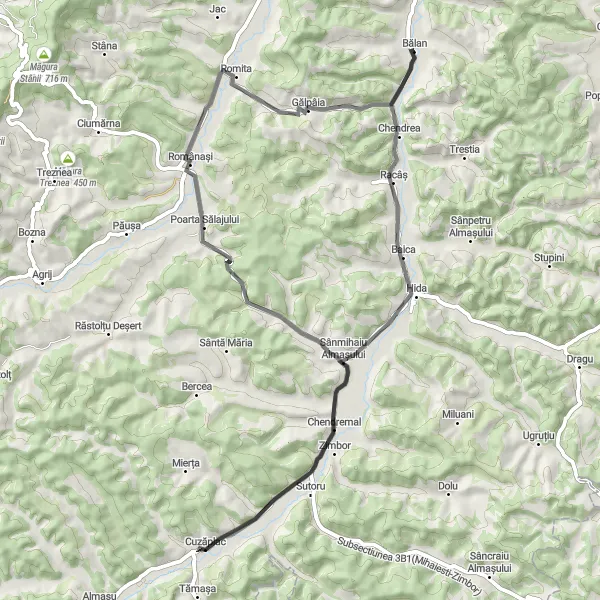 Map miniature of "The Racâș Loop" cycling inspiration in Nord-Vest, Romania. Generated by Tarmacs.app cycling route planner
