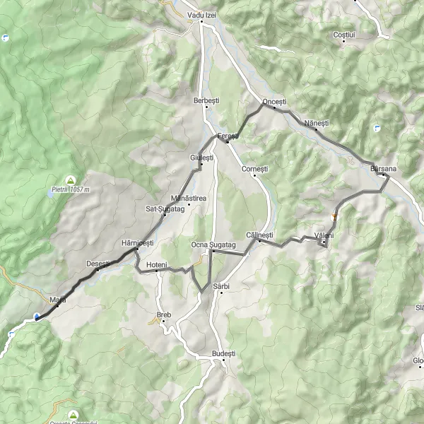 Map miniature of "Bârsana to Călinești Loop" cycling inspiration in Nord-Vest, Romania. Generated by Tarmacs.app cycling route planner