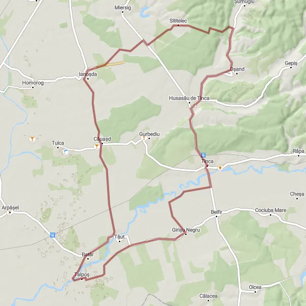 Map miniature of "From Batăr through Talpoș, Tinca, and Girișu Negru" cycling inspiration in Nord-Vest, Romania. Generated by Tarmacs.app cycling route planner