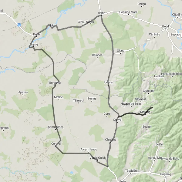 Map miniature of "Belfir and Mărăuș Expedition" cycling inspiration in Nord-Vest, Romania. Generated by Tarmacs.app cycling route planner