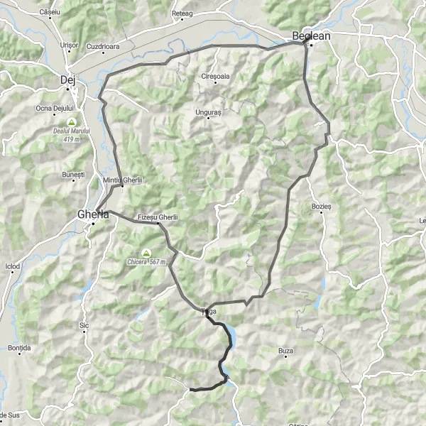 Map miniature of "Beclean - Rusu de Sus - Vița - Sucutard - Sântioana - Gherla" cycling inspiration in Nord-Vest, Romania. Generated by Tarmacs.app cycling route planner