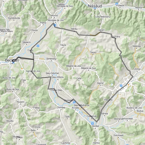 Map miniature of "The Mogoșeni Loop" cycling inspiration in Nord-Vest, Romania. Generated by Tarmacs.app cycling route planner