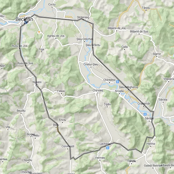 Map miniature of "The Beclean Adventure" cycling inspiration in Nord-Vest, Romania. Generated by Tarmacs.app cycling route planner