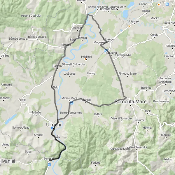 Map miniature of "Tohat, Gârdani, Satulung, and Tulghieș Loop" cycling inspiration in Nord-Vest, Romania. Generated by Tarmacs.app cycling route planner