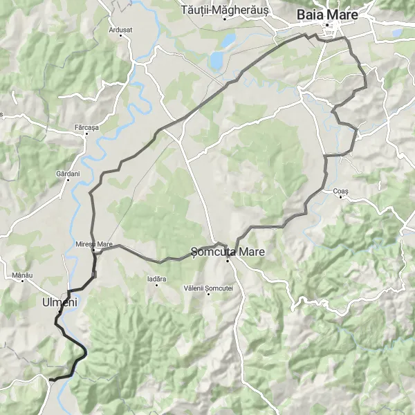 Map miniature of "Challenge of Mireșu Mare, Remetea Chioarului, Șomcuta Mare, and Tulghieș" cycling inspiration in Nord-Vest, Romania. Generated by Tarmacs.app cycling route planner