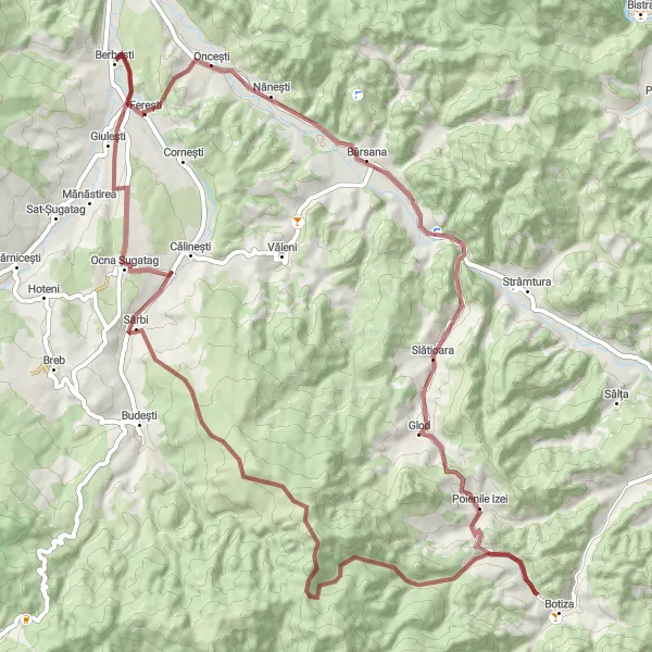 Map miniature of "Ferești & Sârbi Gravel Adventure" cycling inspiration in Nord-Vest, Romania. Generated by Tarmacs.app cycling route planner