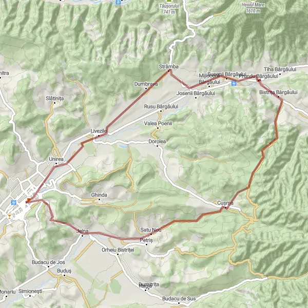 Map miniature of "Bistriţa-Unirea-Cușma-Petriș-Jelna-Centrul Istoric" cycling inspiration in Nord-Vest, Romania. Generated by Tarmacs.app cycling route planner