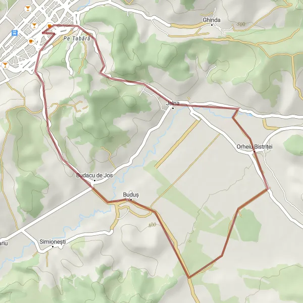Map miniature of "Bistriţa-Jelna-Buduș-Centrul Istoric" cycling inspiration in Nord-Vest, Romania. Generated by Tarmacs.app cycling route planner