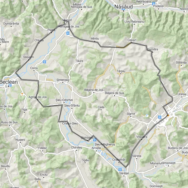 Map miniature of "Bistriţa-Crainimăt-Cristur-Șieu-Săsarm-Dumitra-Decebal" cycling inspiration in Nord-Vest, Romania. Generated by Tarmacs.app cycling route planner