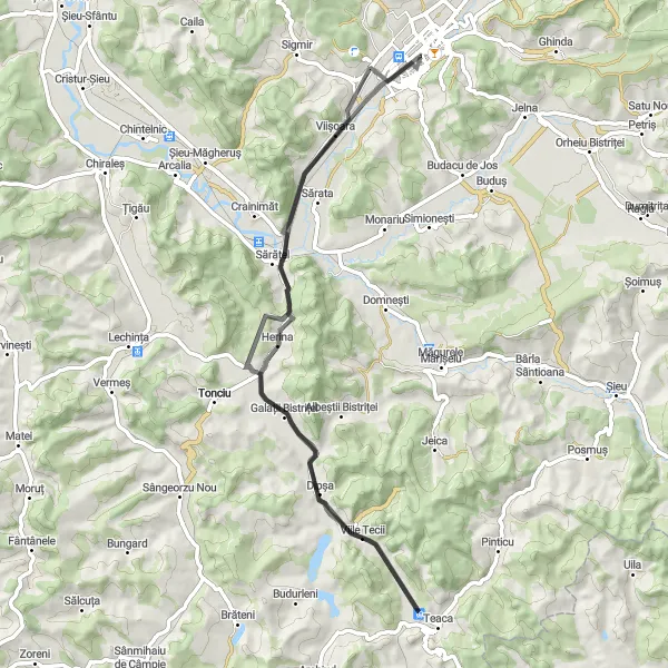 Map miniature of "Road Cycling Delight in Bistriţa and Surroundings" cycling inspiration in Nord-Vest, Romania. Generated by Tarmacs.app cycling route planner