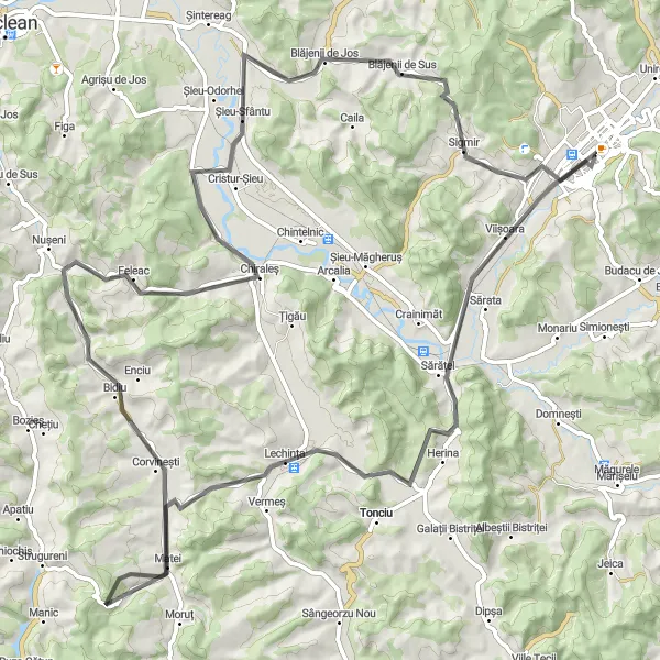 Map miniature of "Bistriţa-Sărățel-Lechința-Bidiu-Cristur-Șieu-Blăjenii de Jos-Sigmir" cycling inspiration in Nord-Vest, Romania. Generated by Tarmacs.app cycling route planner