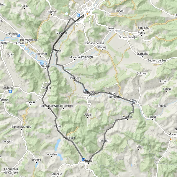 Map miniature of "Road Cycling Discovery near Bistriţa" cycling inspiration in Nord-Vest, Romania. Generated by Tarmacs.app cycling route planner