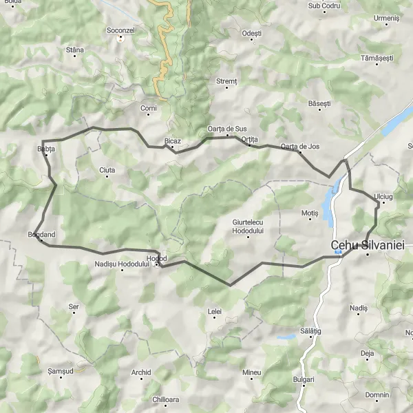 Map miniature of "Bogdand Loop" cycling inspiration in Nord-Vest, Romania. Generated by Tarmacs.app cycling route planner