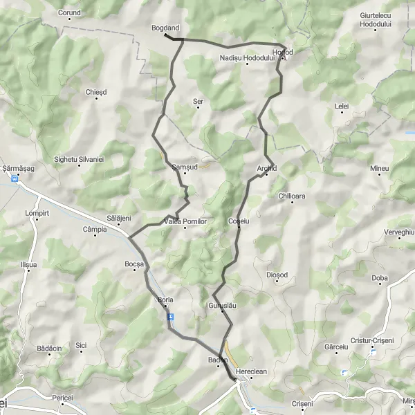 Map miniature of "Coșeiu and Guruslău Route" cycling inspiration in Nord-Vest, Romania. Generated by Tarmacs.app cycling route planner