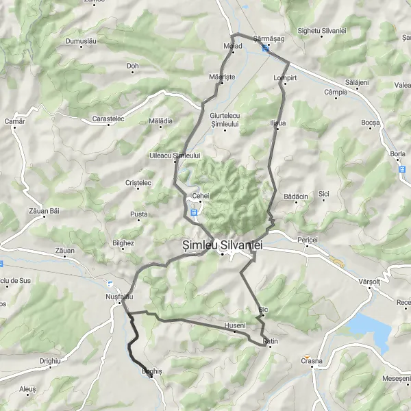 Map miniature of "The Uileacu Șimleului Loop" cycling inspiration in Nord-Vest, Romania. Generated by Tarmacs.app cycling route planner