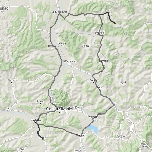 Map miniature of "Boghiș Loop via Uileacu Șimleului and Supuru de Sus" cycling inspiration in Nord-Vest, Romania. Generated by Tarmacs.app cycling route planner