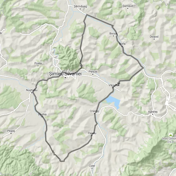 Map miniature of "Cycling through History: Boghiș to Vârșolț" cycling inspiration in Nord-Vest, Romania. Generated by Tarmacs.app cycling route planner