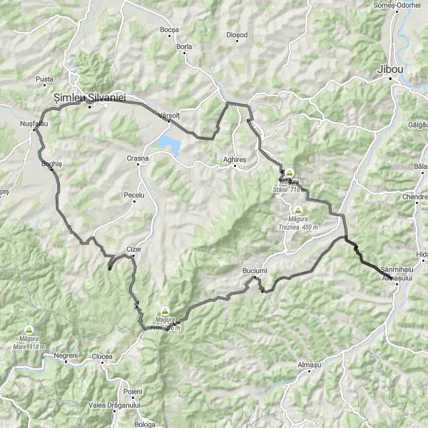 Map miniature of "Challenging Circuit: Boghiș to Răstolțu Deșert" cycling inspiration in Nord-Vest, Romania. Generated by Tarmacs.app cycling route planner